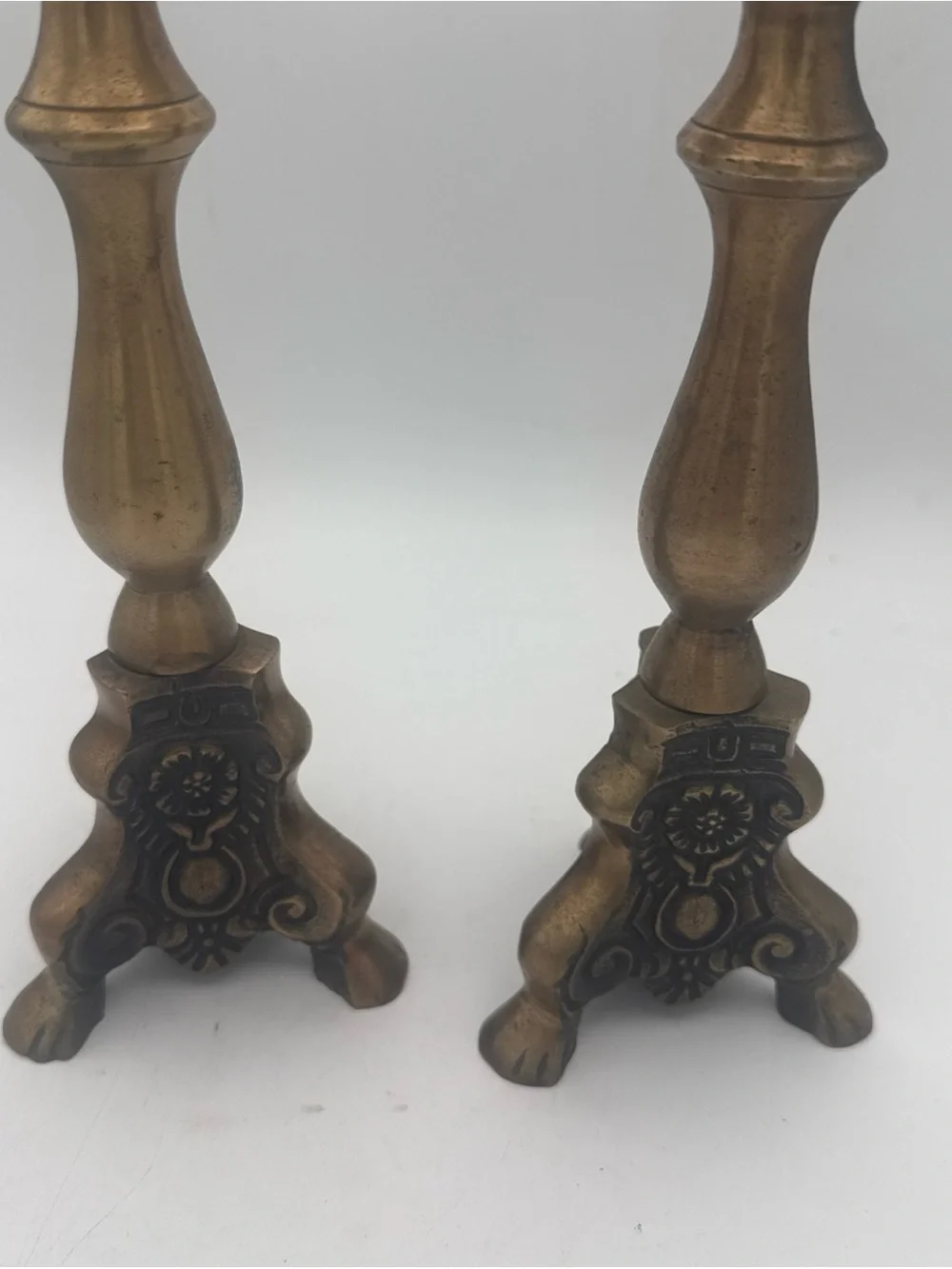 Classic Baroque-style/ Neo-Gothic brass  candlesticks Tripod Lion Paw Foot 10”